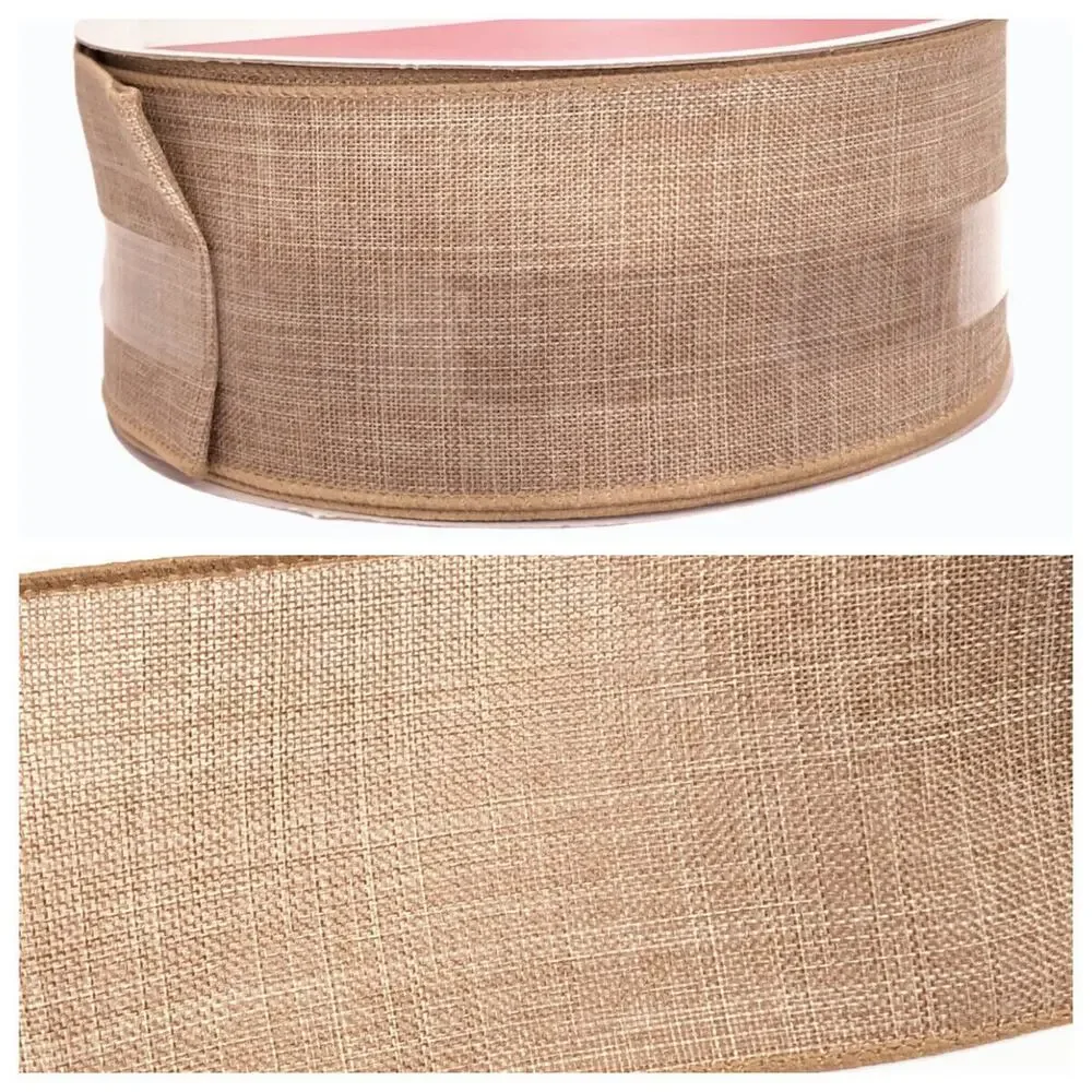 Celebrate It Wired Ribbon Christmas Wreath Tan Faux Linen Jumbo 2.5 in × 75 ft - Picture 1 of 6